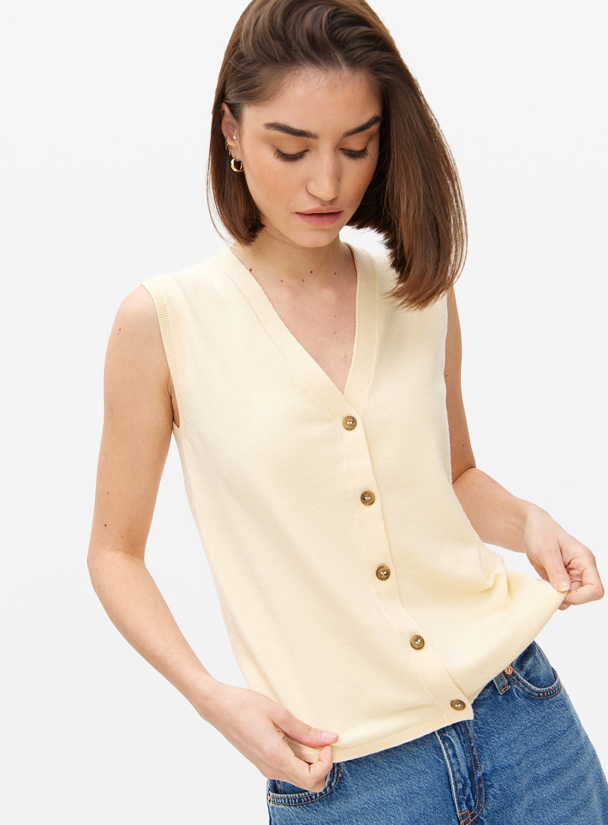 Light Yellow Button Soft Touch Sleeveless Vest 20 - Image 1 thumbnail